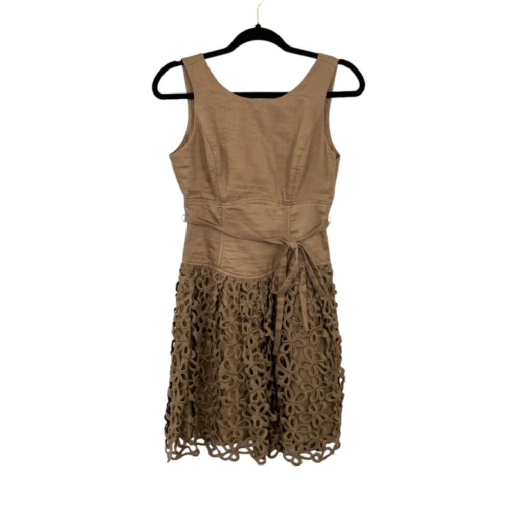 Robert Rodriguez Size 2 Brown Linen Blend Eyelet Lace Sleeveless A-Line Dress